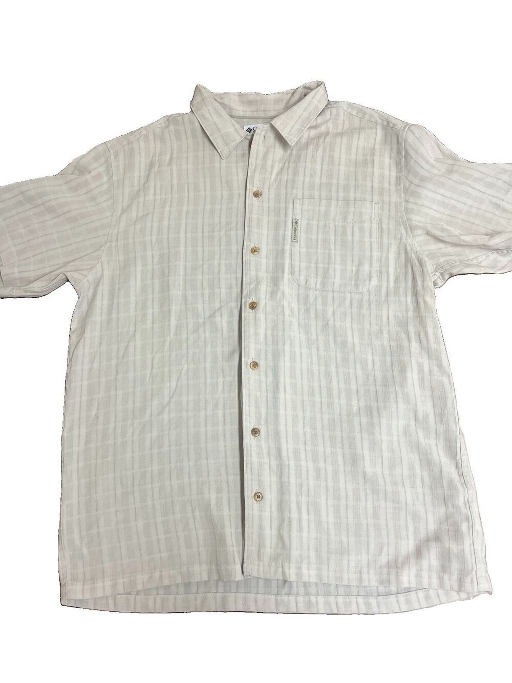 Vintage Columbia Short Sleeve Button Up Shirt Mens L Cream Plaid Linen Blend